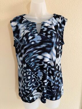 Calvin Klein Navy and Light Blue Abstract Cap-Sleeve Top